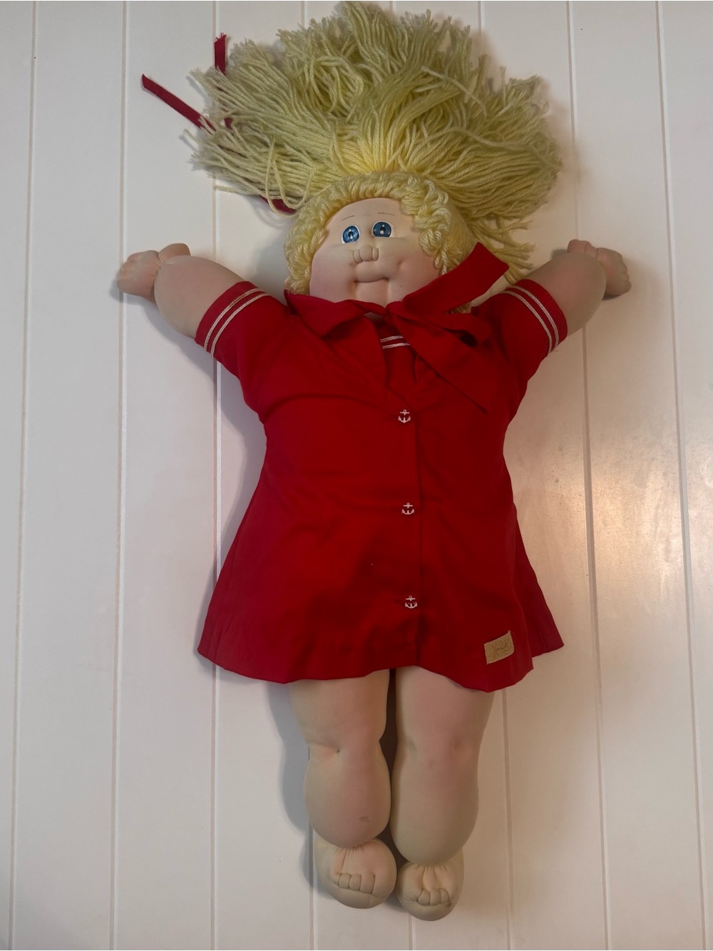 Vintage 1983 Cabbage Patch Kids Doll Blonde Yarn Hair Blue Eyes Red Sailor Dress